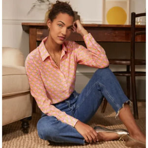 BODEN Silk Button Down Shirt Blouse Dusk Cloud Pink Chain Print {G11}